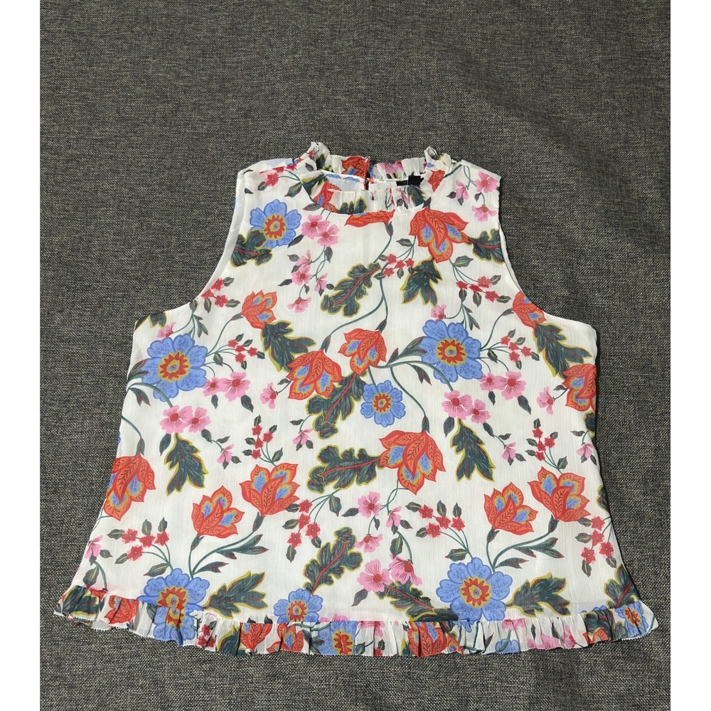 Ann Taylor Factory Women's XL Sleeveless Blouse Floral Ruffle Mock Neck White